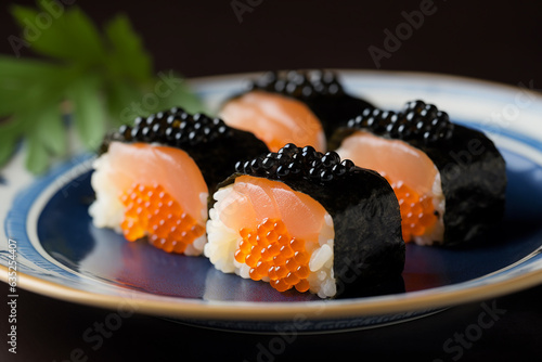 Salmon sushi rolls decorated with red and black caviar. Generative AI photo