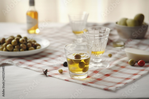 Home garden olives harvest try with white wine, provencal still life. Generative AI