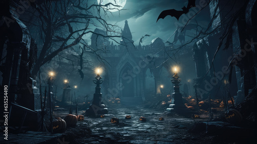 Graveyard in full moon night with spooky forest for Halloween background. © Bnetto