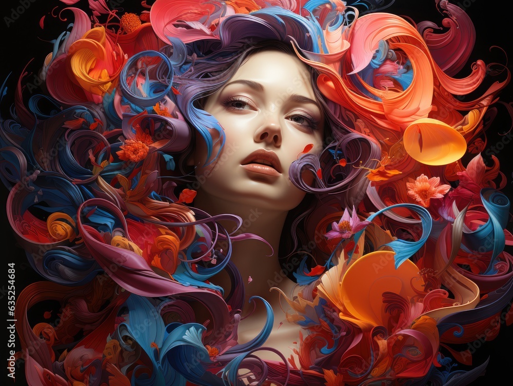 Illustration of a woman with vibrant hair adorned with flowers. Generative AI