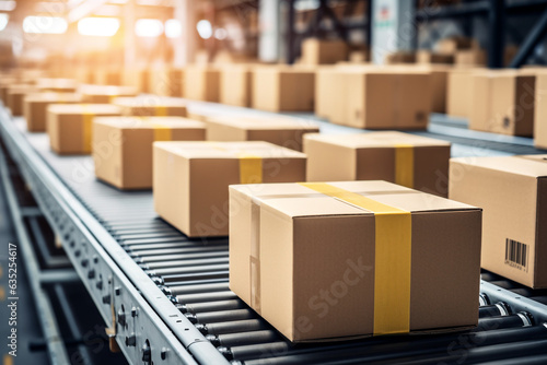 Cardboard boxes on conveyor belt line isolated on white grey background. Distribution warehouse. E-commerce, storage, delivery and packaging service concept. Close up, . High quality photo
