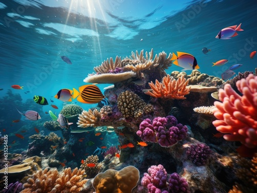 Illustration of a vibrant coral reef teeming with diverse species of fish. Generative AI