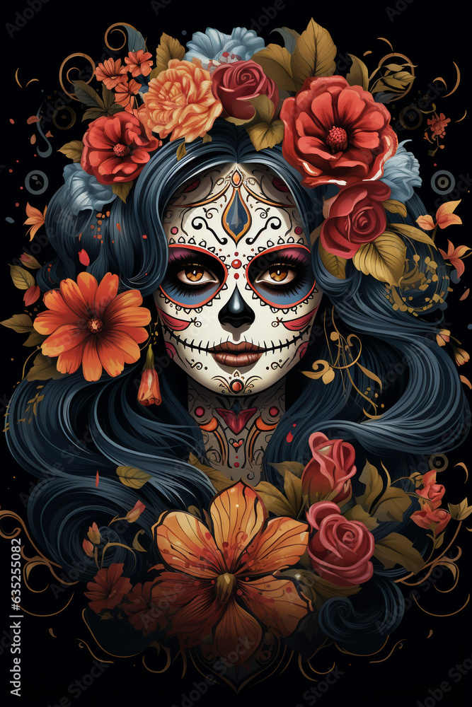 La Catrina dia de muertos Figur mit Maske / Make-up. Dekoriert mit Blumen. Tag der Toten in Mexico. Hochkant. Hochformat. Generative Ai.