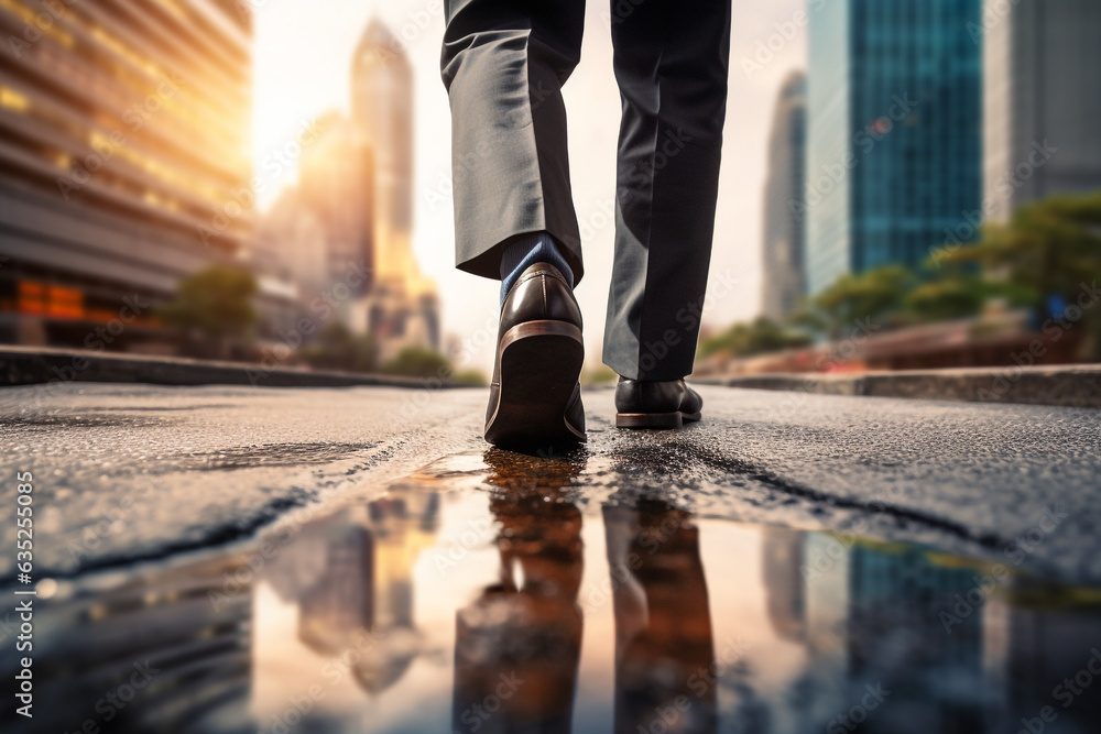 Fototapeta premium Way to success. businessman walk on road and start to success, close up shoes walking, goal and target concept. High quality illustration