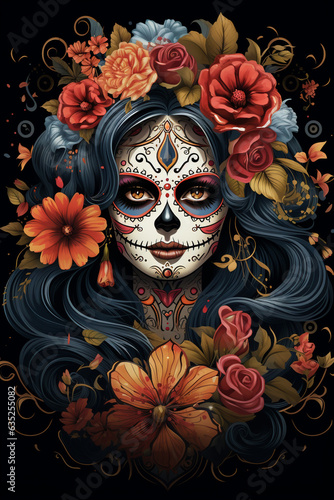 La Catrina dia de muertos Figur mit Maske / Make-up. Dekoriert mit Blumen. Tag der Toten in Mexico. Hochkant. Hochformat. Generative Ai. © Michael