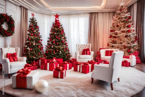 living room with Christmas tree and sofa and decoration and gifts