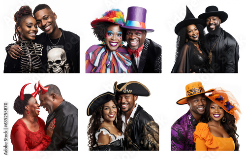 Group of six separate portraits of black couples of  different ages dressed in Halloween costumes.  On white background.  Colorful clowns, pirates devils, skeletons, witch and warlock.   