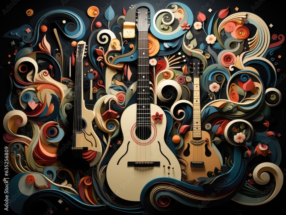 Illustration of a guitar and its case against a black background. Generative AI Illustration of a guitar and its case against a black background. Generative AI