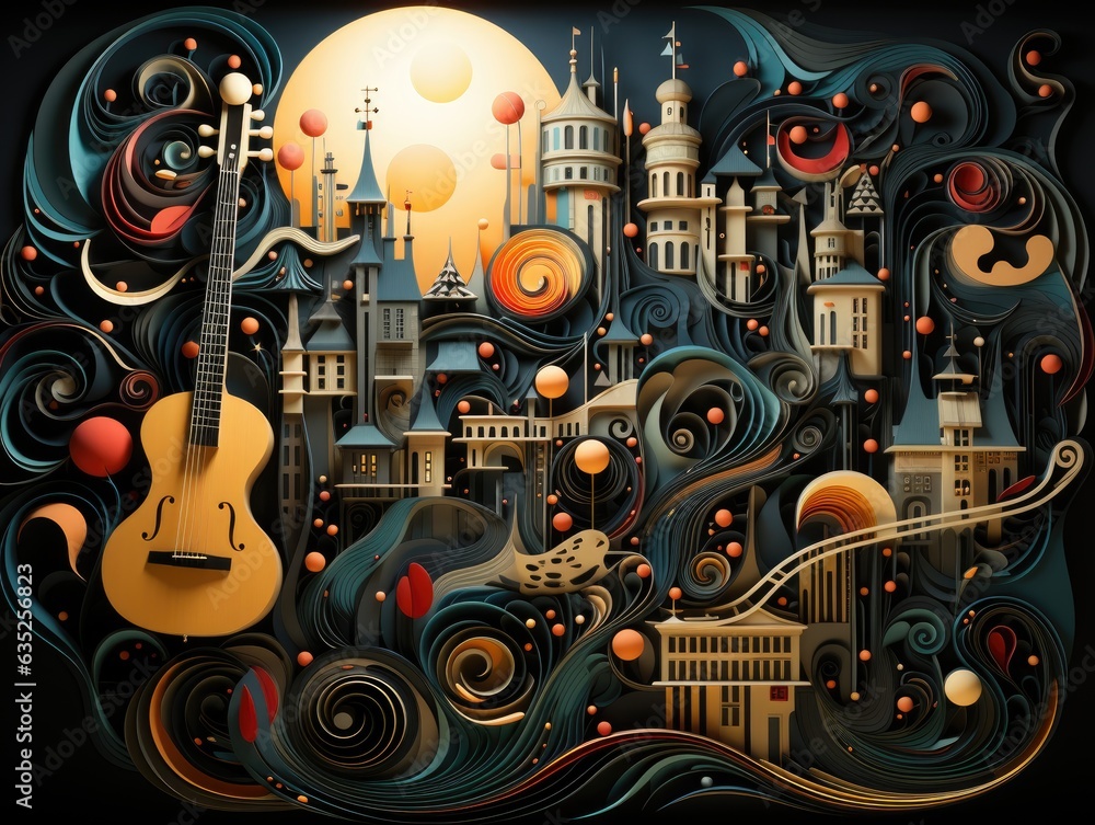 Illustration of a vibrant cityscape with a guitar as the focal point. Generative AI