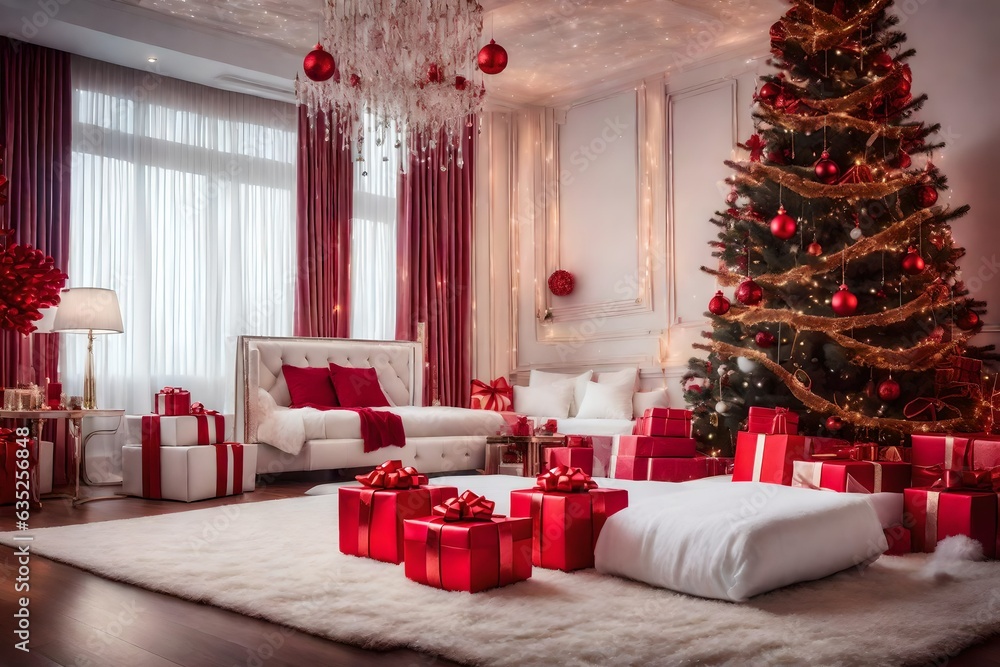 Christmas tree in a living room with sofa and gifts