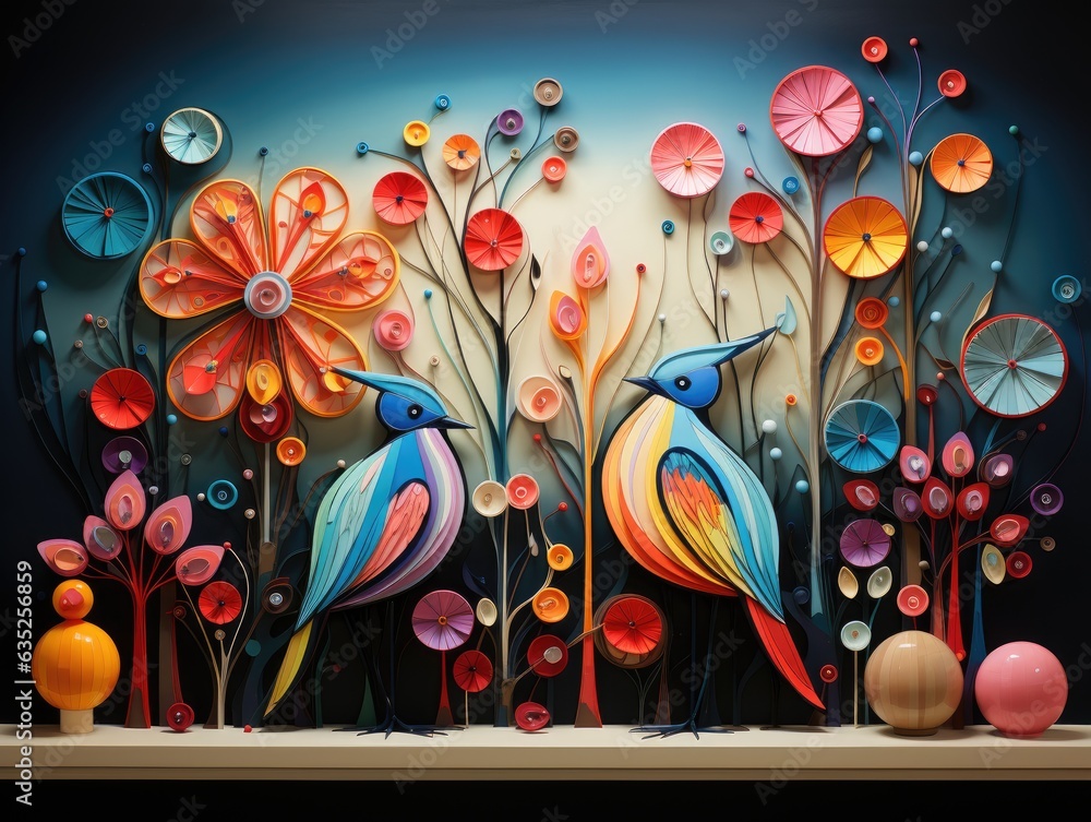 Illustration of a colorful painting of a bird and flowers displayed on a shelf. Generative AI
