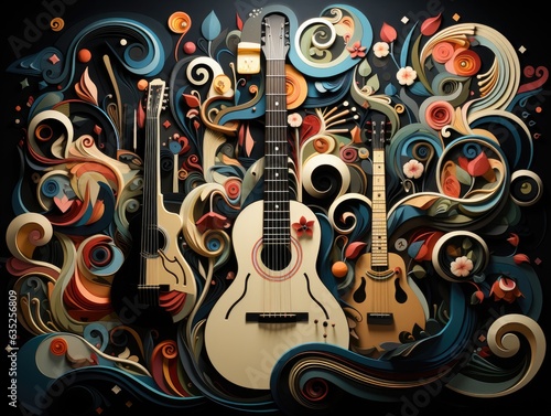 Illustration of a guitar and its case against a black background. Generative AI