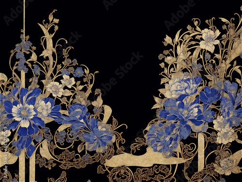 青色の花模様のデザイン　ジェネレーティブ AI 