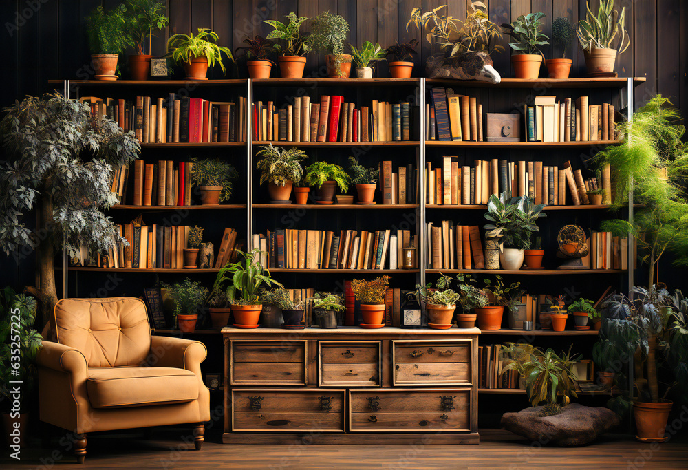 a bookshelf filled with many books and a potted plant