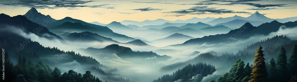 Ethereal Landscape: Fog-Clad Trees Amidst Mountains