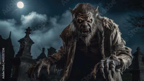 Portrait of Scary Werewolf in Cemetery in Full Moon Horror Night.