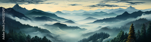 Ethereal Landscape: Fog-Clad Trees Amidst Mountains