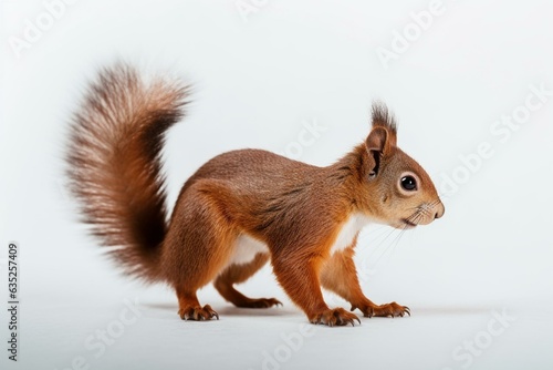 Red squirrel walks sideways, looking ahead. White background. Generative AI