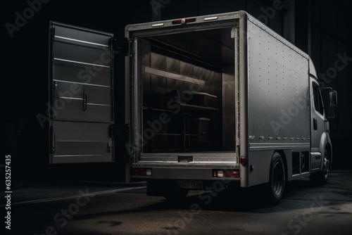 Rear vision isolated empty delivery truck with open back doors. Generative AI