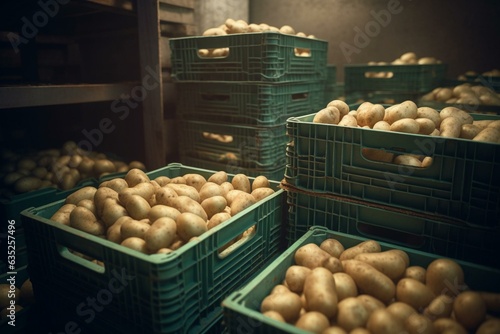 Plastic boxes stacked with freshly harvested young potatoes in an agricultural farm or vegetable processing factory. Generative AI