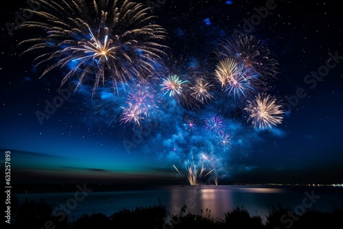 A dark sky featuring blue and vibrant fireworks in the front. Generative AI