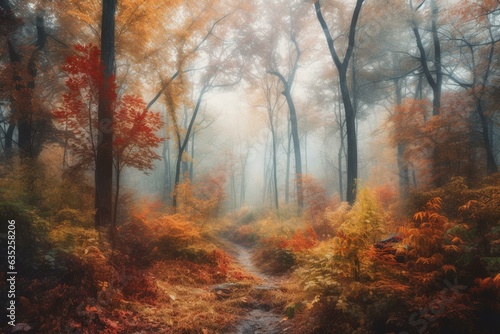 Misty fall woodland depicted in vivid digital watercolor. Generative AI