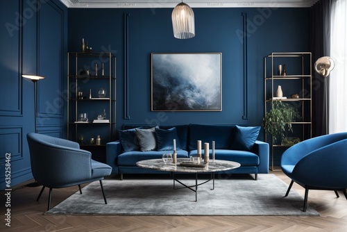 Modern blue living room with trendy furniture, elegant accents, and art display. Generative AI