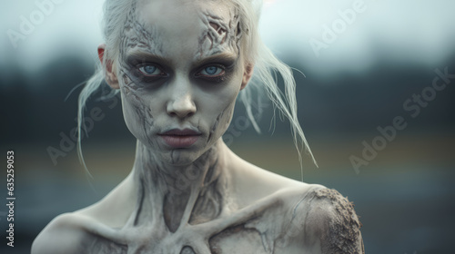 A pale-skinned female zombie with a blank stare, creature from horror and apocalypse stories.