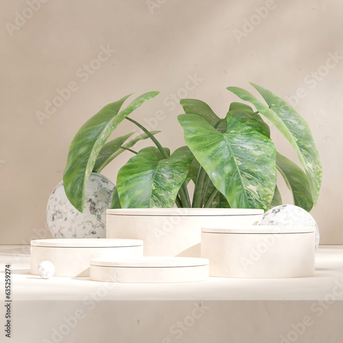 3d image render blank mockup white cylinder podium in square marble sphere and green plant