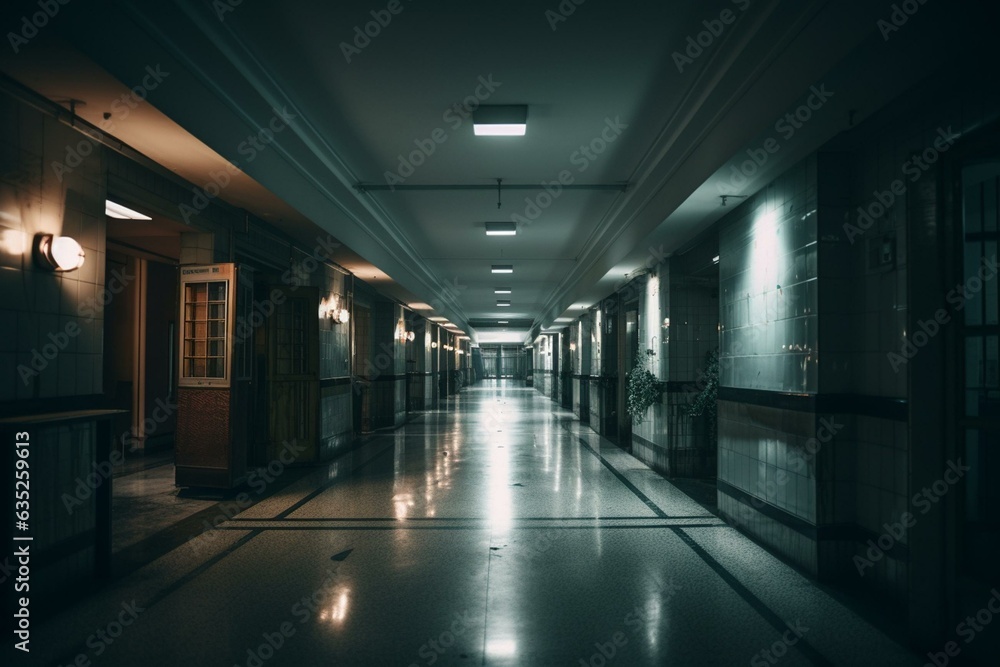 Lonely hospital hallway with dim lighting. Generative AI Lonely hospital hallway with dim lighting. Generative AI