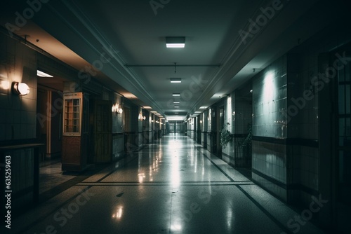 Lonely hospital hallway with dim lighting. Generative AI