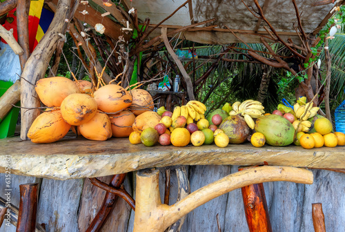 Beach bar with mixed local fruits on Seychelles tropical island. photo