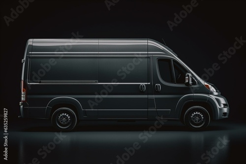 Dark grey cargo van on isolated grey background, seen from the side. Generative AI