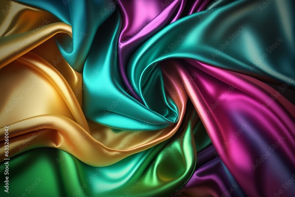 Background made of various colorful satin fabrics. Generative AI