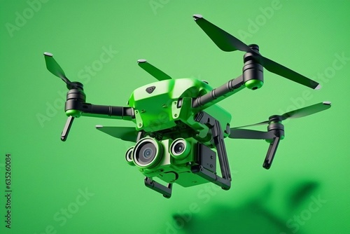 Detail of flying drone quadcopter with digital camera on green screen background. Generative AI