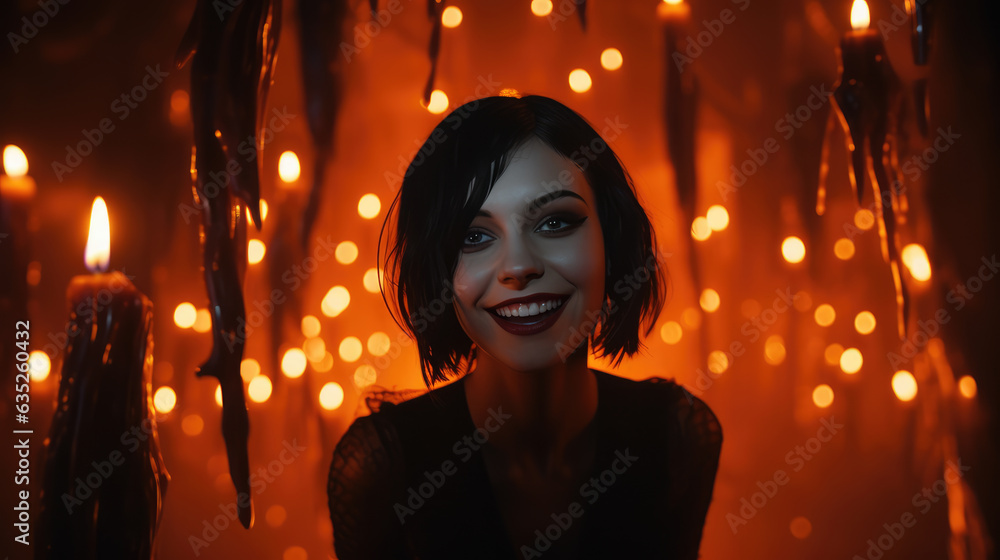 Young female vampire in cemetery with tombstones and orange lights pumpkins in Halloween night. Young female vampire in cemetery with tombstones and orange lights pumpkins in Halloween night.
