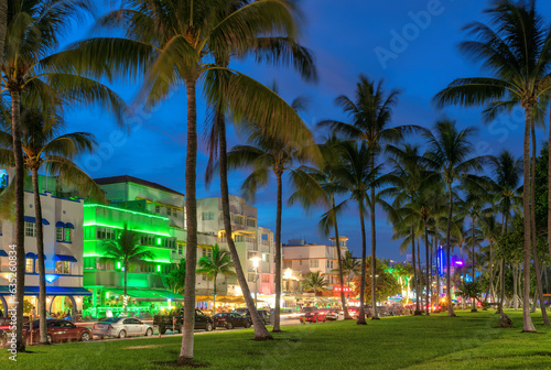 Night view of South Miami Beach, hotels and restaurants in Ocean Drive, Miami Beach, Florida. © lucky-photo