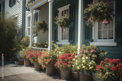 Exterior siding house, architecture, sidewalk, colorful flowers in planter, Charleston, South Carolina. Generative AI