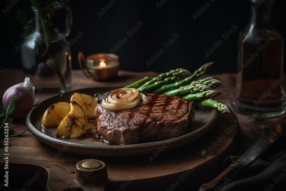 Beef steaks, onion, and asparagus grilled on a plate. Generative AI