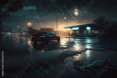 Twilight scene with wet objects falling into flooded parking lot, spraying water droplets in the air. Generative AI