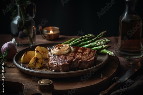 Beef steaks, onion, and asparagus grilled on a plate. Generative AI