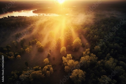 Forested sunrise aerial view. Generative AI