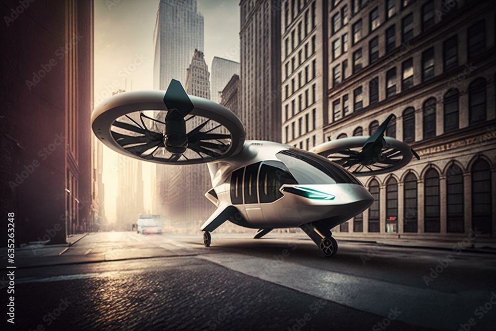 Innovative eVTOL aircraft for urban transport featuring propellers and cutting-edge technology in the city. Generative AI