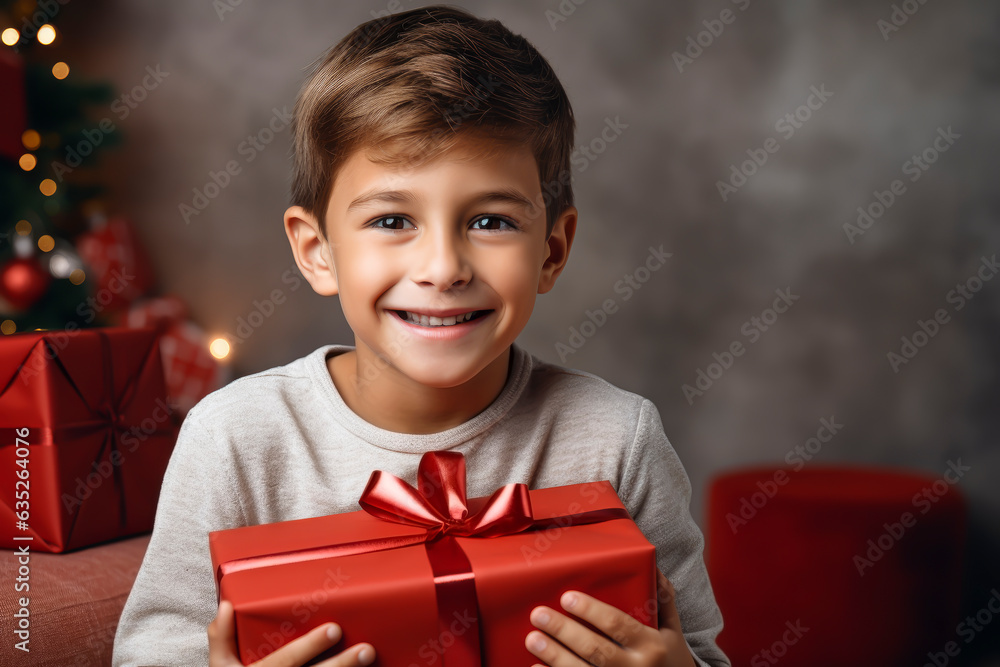 SMILING BOY WITH GIFT IN HIS HAND. CHRISTMAS. SMILING BOY WITH GIFT IN HIS HAND. CHRISTMAS.