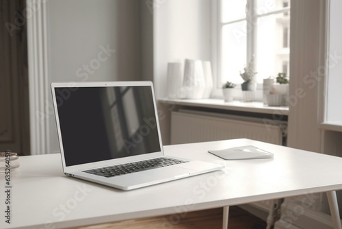 Frameless blank screen laptop on white wooden table in a home interior - mockup template. Generative AI © Virelai