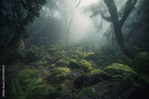 Foggy forest ground in a jungle  perfect for nature-themed wallpapers. Generative AI