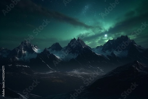 Nighttime mountain scene with aurora borealis and stars. Aerial 3D animation. Generative AI
