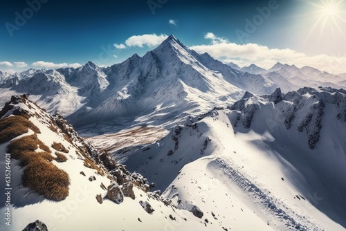 Snowy Caucasus ridge with Mt. Ushba on a sunny winter day. View from Pastuchova Kliffs at Elbrus ski slope, Kabardino-Balkaria, Russia. Generative AI