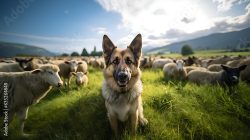 German Shepard next to sheeps on a green field