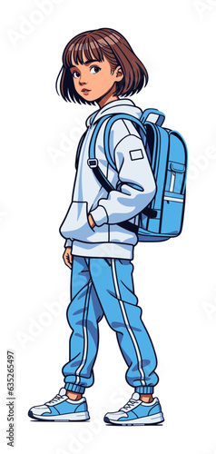 Back to school. A teenage girl with a backpack is walking to school. The schoolgirl is dressed in a hoodie, sweatpants and sneakers. Female student character. Vector illustration